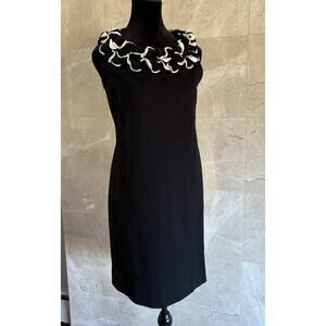 VTG Cache Cocktail Dress - 6 Black White Dramatic Ruffle Neck Wedding Guest